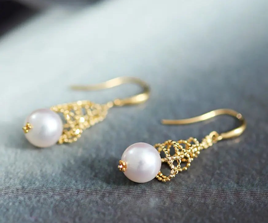 8mm Natural Japan Akoya Pearl Earrings 18k Solid Yellow Gold High Luster White Pearl Lace Earrings, Seawater Pearl, Anniversary Gift Idea Etsy