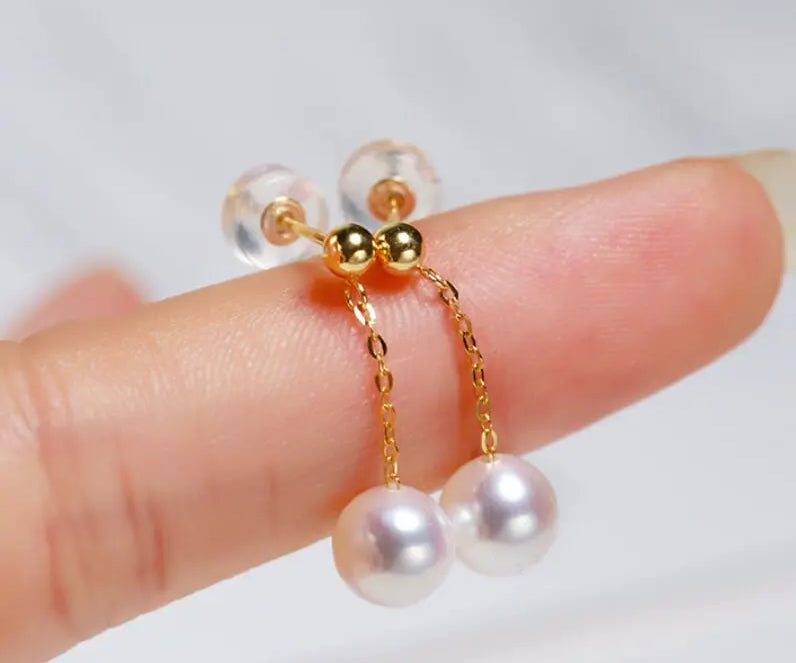 6-7mm Natural High Luster White Pink Pearl Earrings Handmade 18k Solid Yellow Gold Multi Pearl Drop Earrings, Anniversary Gift Idea - LaCorserArtJewelry