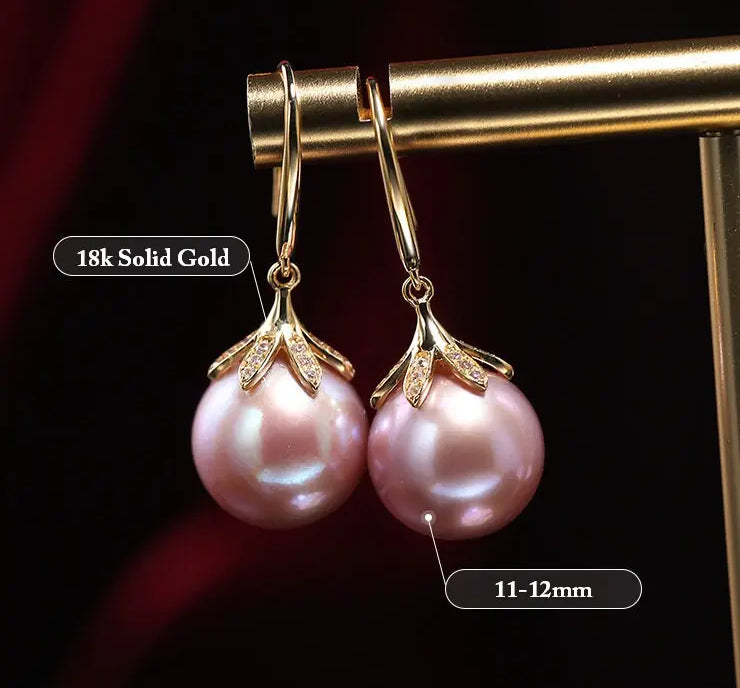 11-12mm Natural High Luster Pink Purple Pearl Earrings 18k Solid Yellow Gold Pearl Earrings, Pink Pearl Earrings, Gift Idea, Gift for Mom Etsy