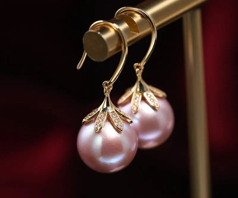 11-12mm Natural High Luster Pink Purple Pearl Earrings 18k Solid Yellow Gold Pearl Earrings, Pink Pearl Earrings, Gift Idea, Gift for Mom Etsy