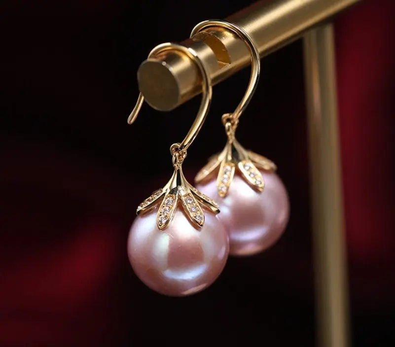 11-12mm Natural High Luster Pink Purple Pearl Earrings 18k Solid Yellow Gold Pearl Earrings, Pink Pearl Earrings, Gift Idea, Gift for Mom Etsy