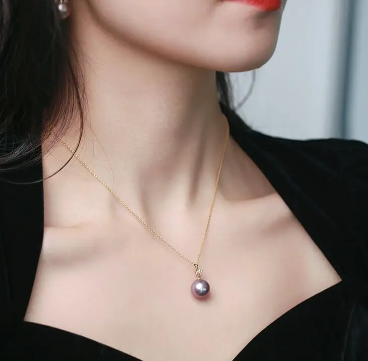 11-12mm Natural High Luster Purple Pearl Necklace 18k Solid Yellow Gold White Diamond Note Necklace, Anniversary Gift Idea, Gift for Mom Etsy