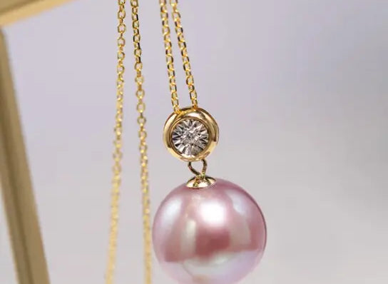 12-13mm Natural High Luster Pink Purple Pearl Necklace 18k Solid Yellow Gold White Diamond Necklace, Anniversary Gift Idea, Gift for Mom Etsy