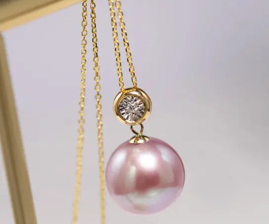 12-13mm Natural High Luster Pink Purple Pearl Necklace 18k Solid Yellow Gold White Diamond Necklace, Anniversary Gift Idea, Gift for Mom Etsy