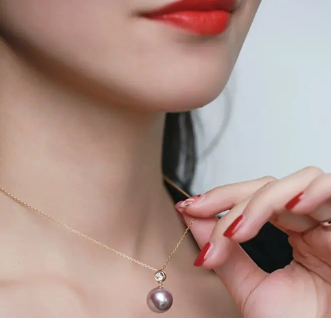 12-13mm Natural High Luster Pink Purple Pearl Necklace 18k Solid Yellow Gold White Diamond Necklace, Anniversary Gift Idea, Gift for Mom Etsy