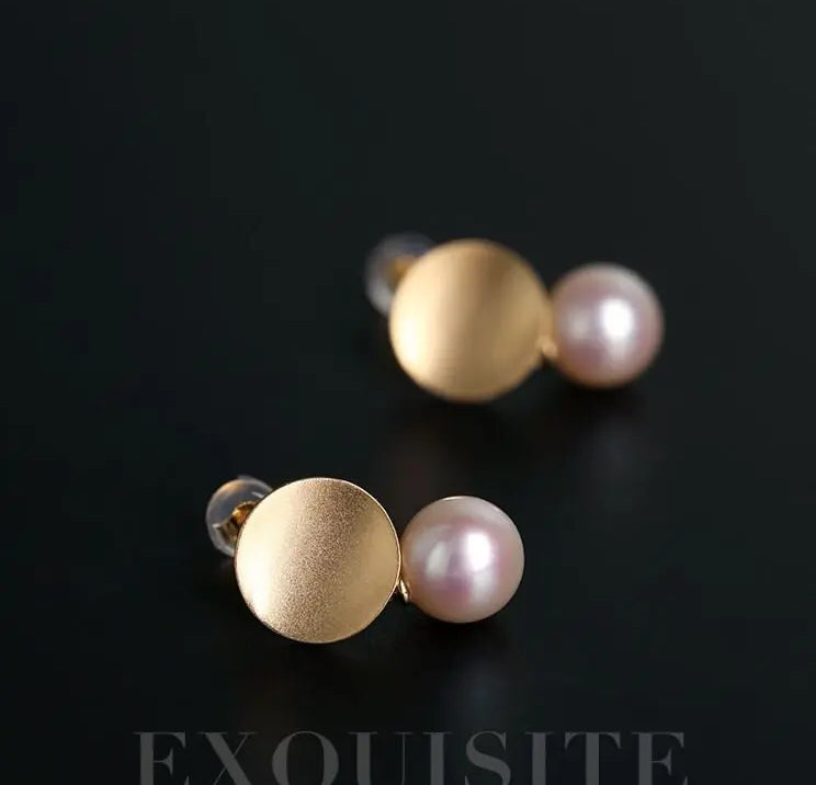 18k Solid Yellow Gold Earrings, White Pink Pearl Disc Earrings, Matte Finish Gold Earrings Etsy