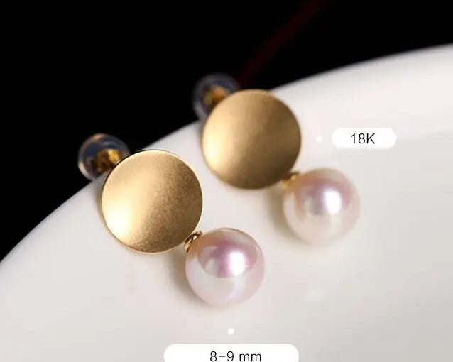 18k Solid Yellow Gold Earrings, White Pink Pearl Disc Earrings, Matte Finish Gold Earrings Etsy