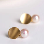 18k Solid Yellow Gold Earrings, White Pink Pearl Disc Earrings, Matte Finish Gold Earrings Etsy