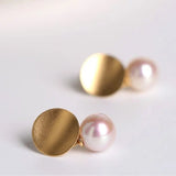 18k Solid Yellow Gold Earrings, White Pink Pearl Disc Earrings, Matte Finish Gold Earrings Etsy