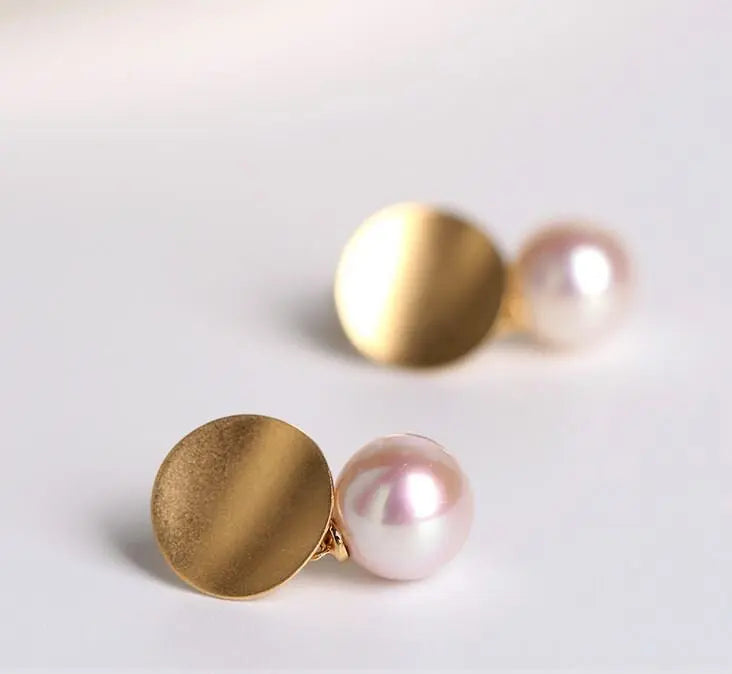 18k Solid Yellow Gold Earrings, White Pink Pearl Disc Earrings, Matte Finish Gold Earrings Etsy