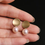 18k Solid Yellow Gold Earrings, White Pink Pearl Disc Earrings, Matte Finish Gold Earrings Etsy