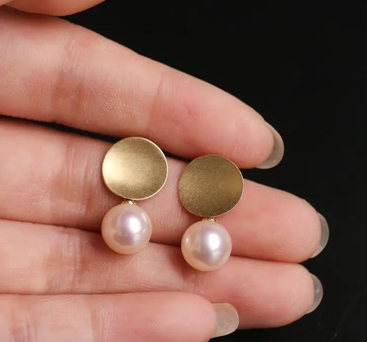 18k Solid Yellow Gold Earrings, White Pink Pearl Disc Earrings, Matte Finish Gold Earrings Etsy