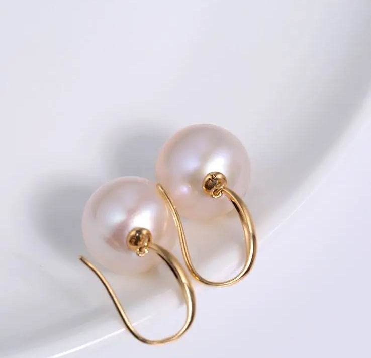 12mm Natural High Luster Pearl Handmade 18k Solid Yellow Gold White Pink Pearl Earrings, Freshwater Pearl Earrings, Gift Idea Etsy