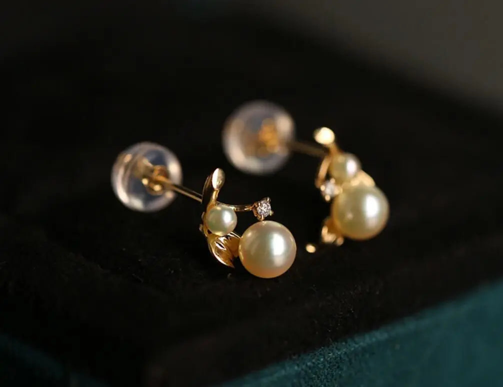 Cluster Akoya Golden Pearl Earrings & White Diamond, 18K Solid Yellow Gold Earrings Etsy