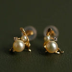 Cluster Akoya Golden Pearl Earrings & White Diamond, 18K Solid Yellow Gold Earrings Etsy