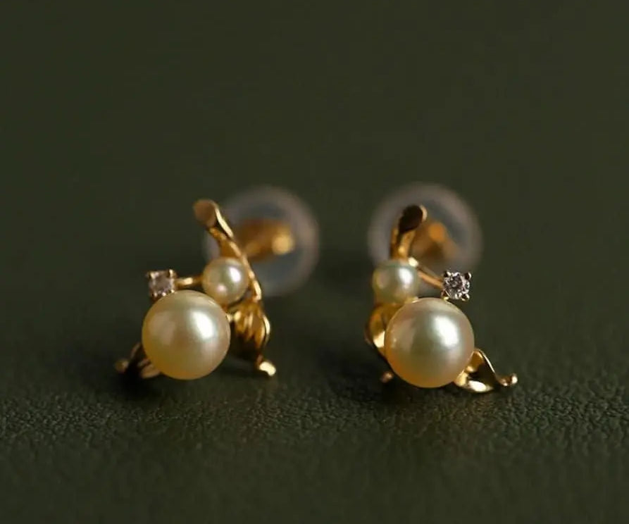 Cluster Akoya Golden Pearl Earrings & White Diamond, 18K Solid Yellow Gold Earrings Etsy