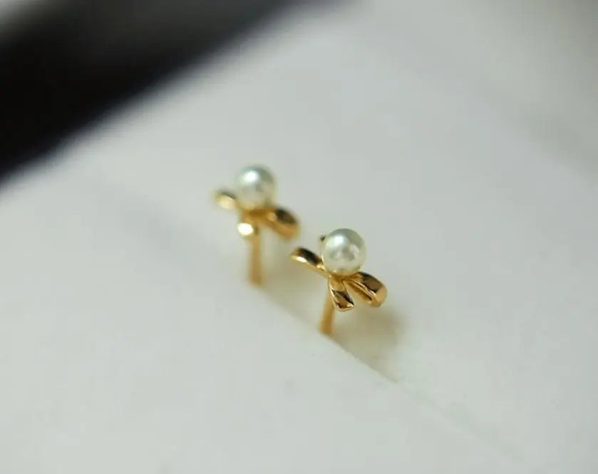18K Yellow Gold Natural High Luster White Baby Pearl Earrings Handmade Pearl Earrings, Freshwater Pearl Bowknot Earrings, Gift Idea for Her Etsy