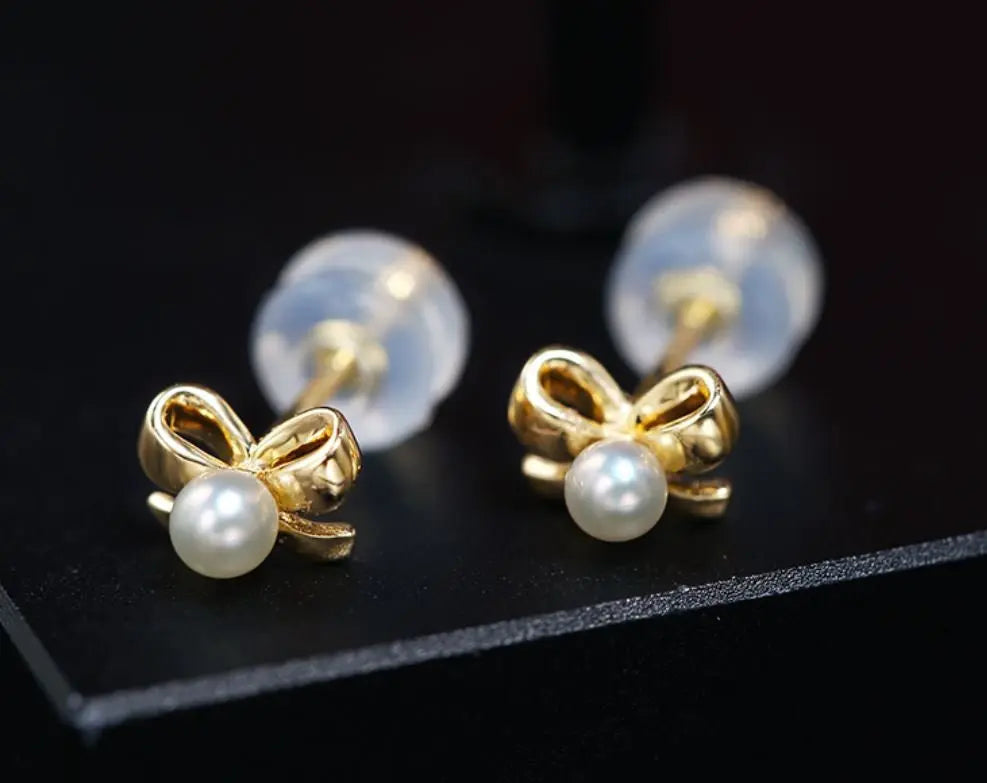 18K Yellow Gold Natural High Luster White Baby Pearl Earrings Handmade Pearl Earrings, Freshwater Pearl Bowknot Earrings, Gift Idea for Her Etsy