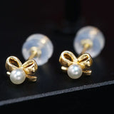 18K Yellow Gold Natural High Luster White Baby Pearl Earrings Handmade Pearl Earrings, Freshwater Pearl Bowknot Earrings, Gift Idea for Her Etsy