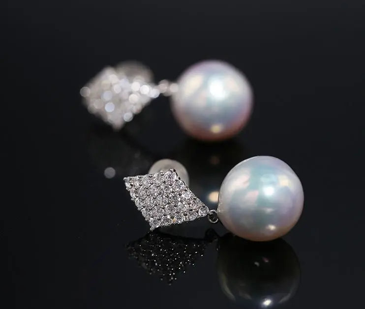 Rhombus Design 12mm Freshwater Pearl Earrings - Silver 925 Etsy
