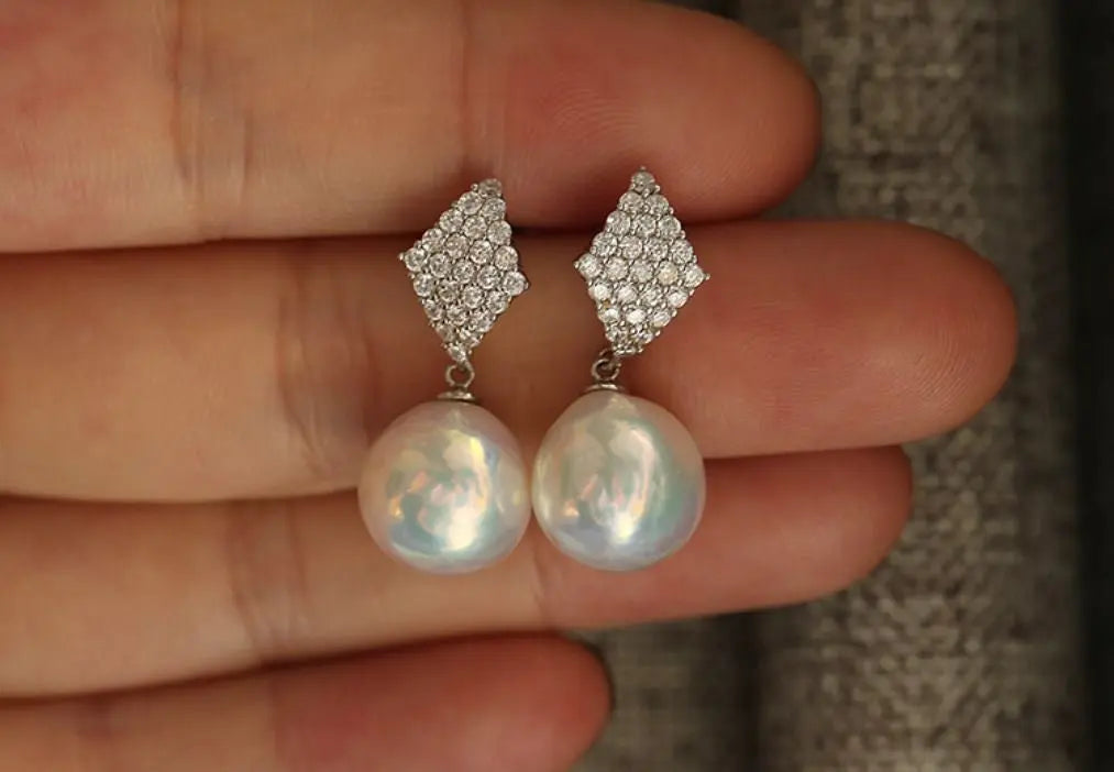 Rhombus Design 12mm Freshwater Pearl Earrings - Silver 925 Etsy
