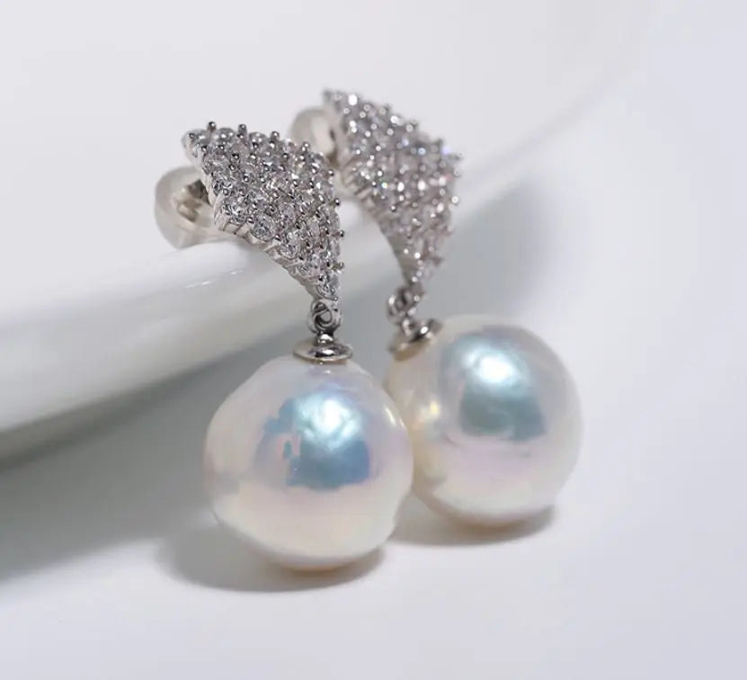 Rhombus Design 12mm Freshwater Pearl Earrings - Silver 925 Etsy
