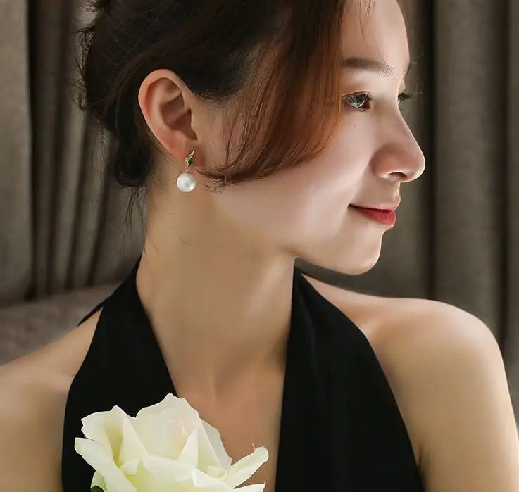 12mm Natural Pearl Emerald Earrings -  18K Yellow Gold Etsy
