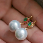12mm High Luster White Pearl  Emerald Earrings - 18K Yellow Gold Etsy