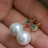 12mm High Luster White Pearl  Emerald Earrings - 18K Yellow Gold Etsy