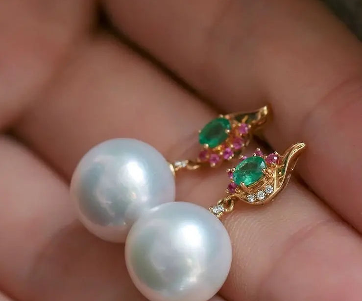 12mm High Luster White Pearl  Emerald Earrings - 18K Yellow Gold Etsy