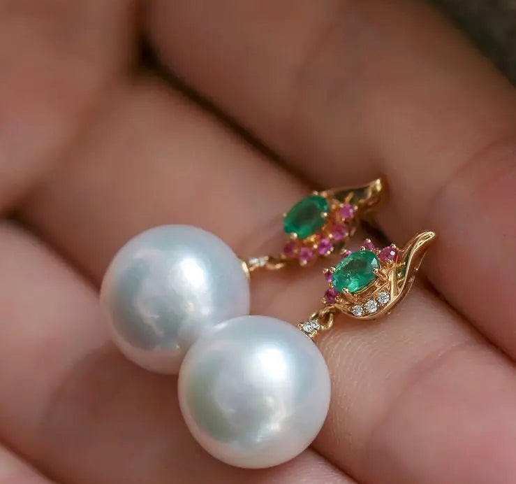 12mm High Luster White Pearl  Emerald Earrings - 18K Yellow Gold Etsy