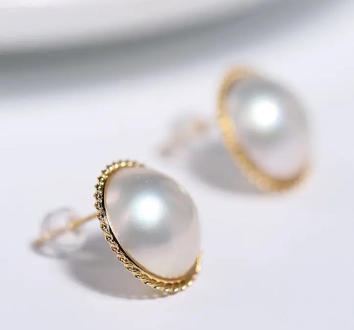 15mm Natural Mabe Pearl Earrings in 18K Yellow Gold Etsy