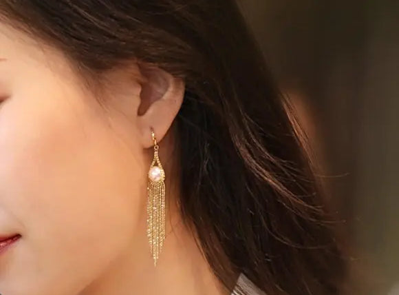 8mm Natural High Luster White Pearl Earrings Handmade 18k Solid Yellow Gold White Pearl Tassel Earrings, Gift Idea, Anniversary Idea Etsy
