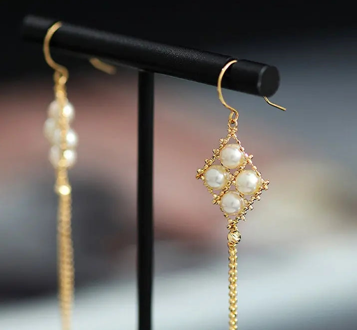 18K Yellow Gold  Natural Akoya Pearl from Japan Earrings, Handmade White Pink Pearl Tassel Earrings, Anniversary Gift Idea for Her Etsy