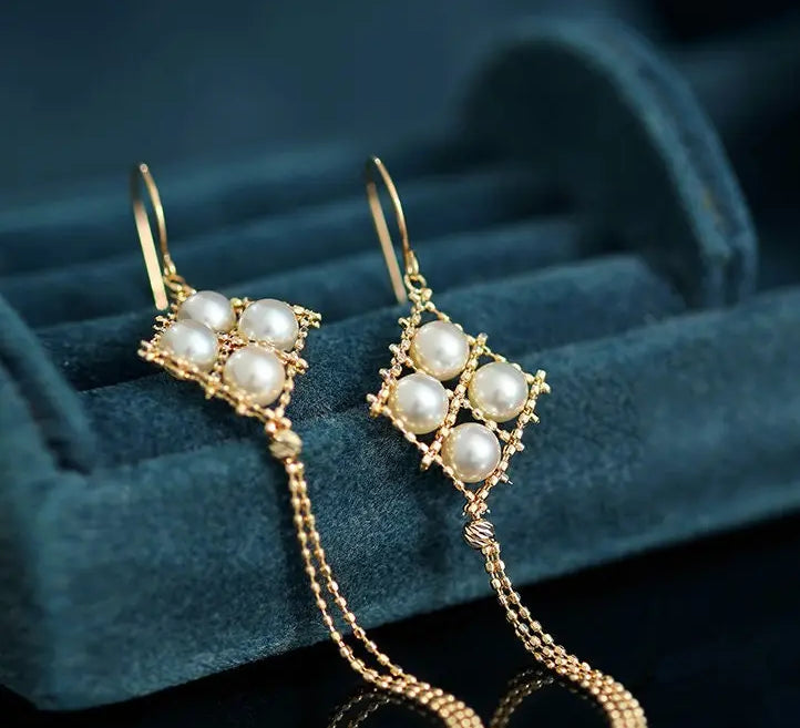 18K Yellow Gold  Natural Akoya Pearl from Japan Earrings, Handmade White Pink Pearl Tassel Earrings, Anniversary Gift Idea for Her Etsy
