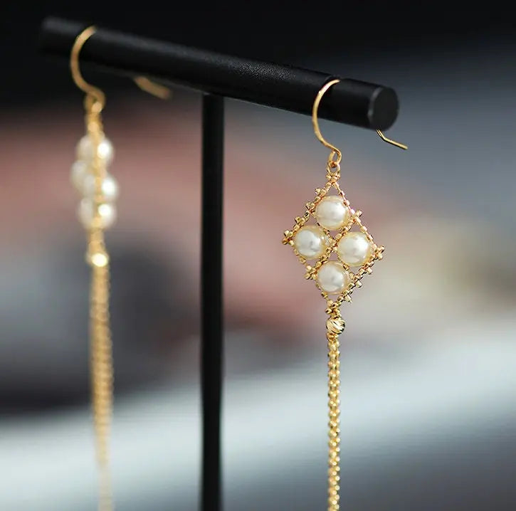18K Yellow Gold  Natural Akoya Pearl from Japan Earrings, Handmade White Pink Pearl Tassel Earrings, Anniversary Gift Idea for Her Etsy