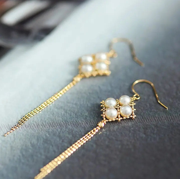 18K Yellow Gold  Natural Akoya Pearl from Japan Earrings, Handmade White Pink Pearl Tassel Earrings, Anniversary Gift Idea for Her Etsy