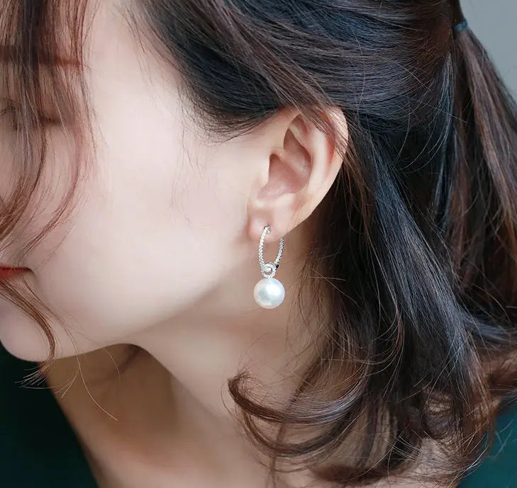 12mm Natural South Sea White Pearls & White Diamond Drop Earrings 18k Solid White Gold White Pearl Circle Earrings, Anniversary Gift Idea Etsy