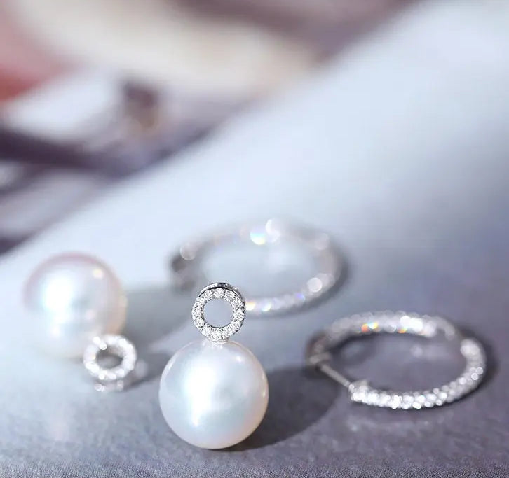 12mm Natural South Sea White Pearls & White Diamond Drop Earrings 18k Solid White Gold White Pearl Circle Earrings, Anniversary Gift Idea Etsy