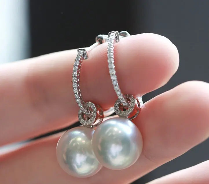 12mm Natural South Sea White Pearls & White Diamond Drop Earrings 18k Solid White Gold White Pearl Circle Earrings, Anniversary Gift Idea Etsy