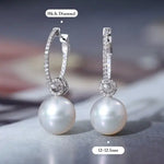 12mm Natural South Sea White Pearls & White Diamond Drop Earrings 18k Solid White Gold White Pearl Circle Earrings, Anniversary Gift Idea Etsy