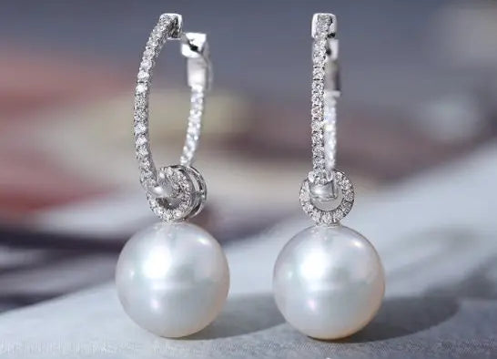 12mm Natural South Sea White Pearls & White Diamond Drop Earrings 18k Solid White Gold White Pearl Circle Earrings, Anniversary Gift Idea Etsy