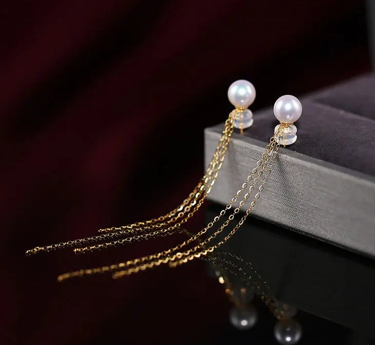 18K Yellow Gold Natural High Luster White Pink Pearl Earrings, Handmade White Pink Pearl Tassel Earrings, Gift Idea, Anniversary Idea Etsy