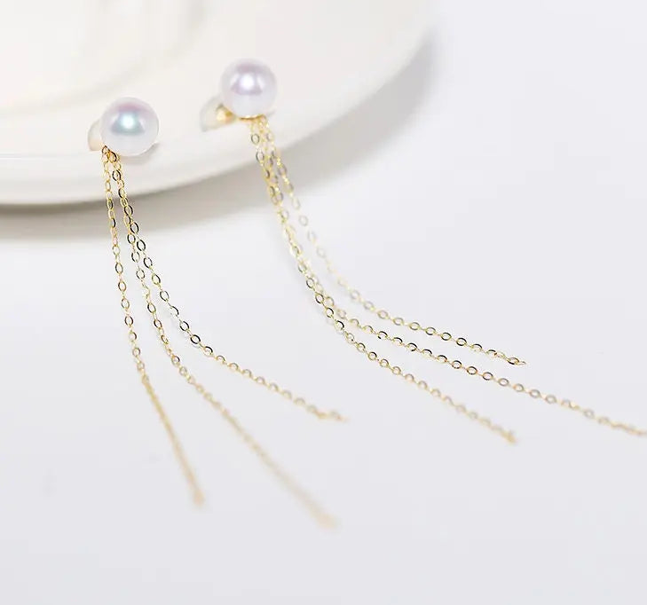 18K Yellow Gold Natural High Luster White Pink Pearl Earrings, Handmade White Pink Pearl Tassel Earrings, Gift Idea, Anniversary Idea Etsy
