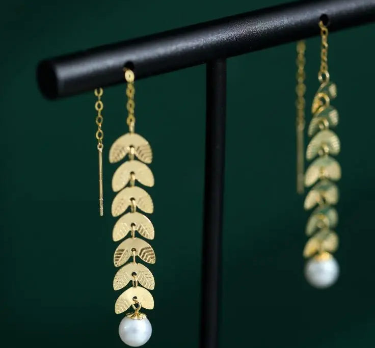 18K Gold Akoya Pearl Leaf Earrings - High Luster White Pearl Etsy
