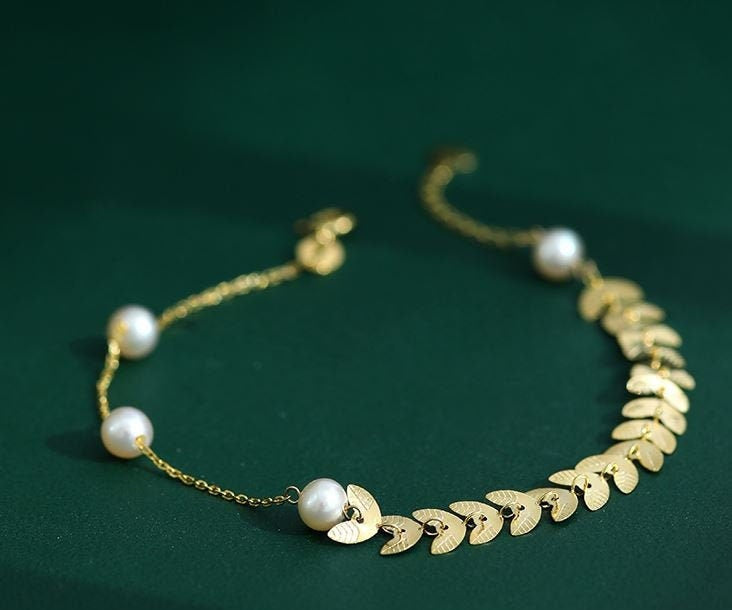 Natural White Pearl Golden Leaf Bracelets Handmade 18k Solid Yellow Gold High Luster White Pearl Bracelets, Akoya Pearl Bracelets, Gift Idea Etsy