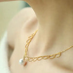 18K Yellow Gold 9mm Natural Akoya Pearl Lace Necklace, White Pink Pearl Lace Necklace, Gift for Her, Hollow Out Design Necklace, Gift Idea Etsy