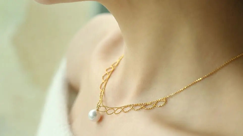 18K Yellow Gold 9mm Natural Akoya Pearl Lace Necklace, White Pink Pearl Lace Necklace, Gift for Her, Hollow Out Design Necklace, Gift Idea Etsy
