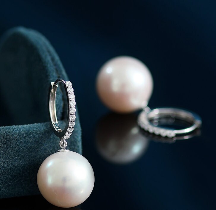 13-14mm Natural High Luster White Pearl Earrings 18K White Gold Freshwater White Pearl Earrings Etsy