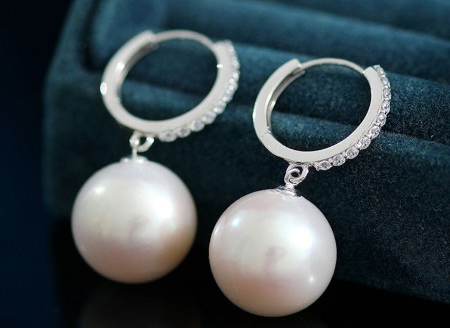 13-14mm Natural High Luster White Pearl Earrings 18K White Gold Freshwater White Pearl Earrings Etsy